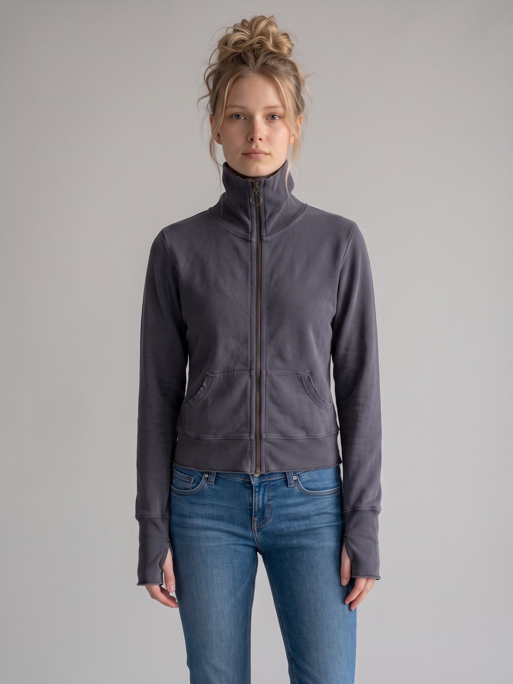 SOLOW Y2K style High-Neck Zip Jacket washed charcoal grey. Made in USA. L